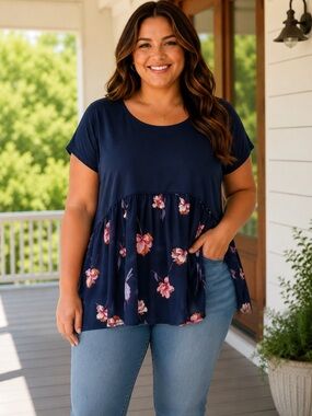 Jolt Navy Floral Peplum Boho Tunic Blouse